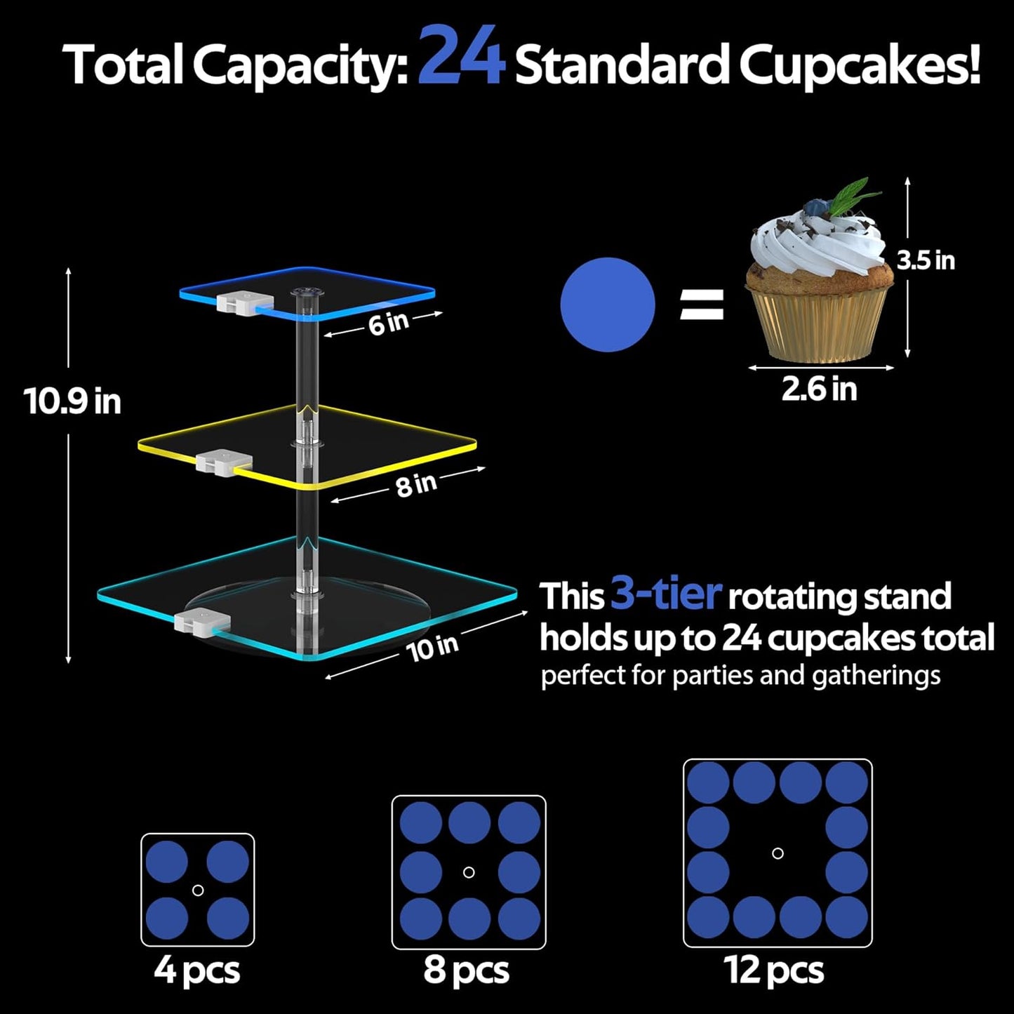 3-Tier Rotating Cupcake Stand with LED Lights - 360° Spinning Display Tower for Desserts, Cakes & Pastries - Rechargeable 7-Color Changing Serving Tray for Weddings, Parties & Festive Gatherings (Clear Acrylic)