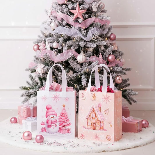 Wovnet 30 Pcs Pink Christmas Gift Bags Bulk Snowman Winter Goodie Bags with Handles Xmas Reusable Non Woven Treat Tote Shopping Merchandise Pouch for Gift Wrapping Party Favors 10 x 8 x 4in