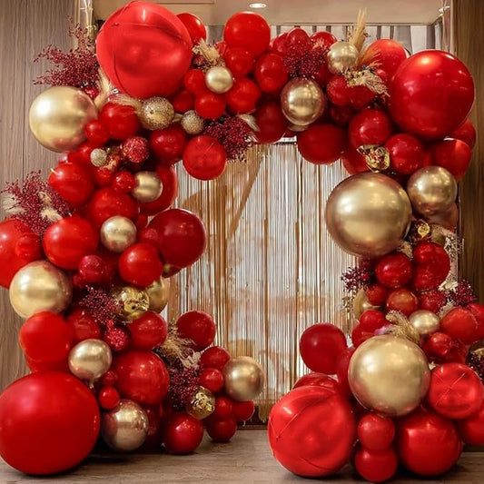 Red and Gold Balloon Garland Double Stuffed Ruby Red Gold Balloons Arch Kit With Mylar Balloon for Valentine New Year Baby Shower Anniversary Birthday Party Decoration