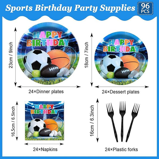 OBUSATT 96Pcs Sport Theme Party Supplies Basketball Paper Plates Napkins All-Star Party Decorations Dinnerware Favor Basketball Forks Football Baseball Soccer Decor Birthday Tableware Serves 24