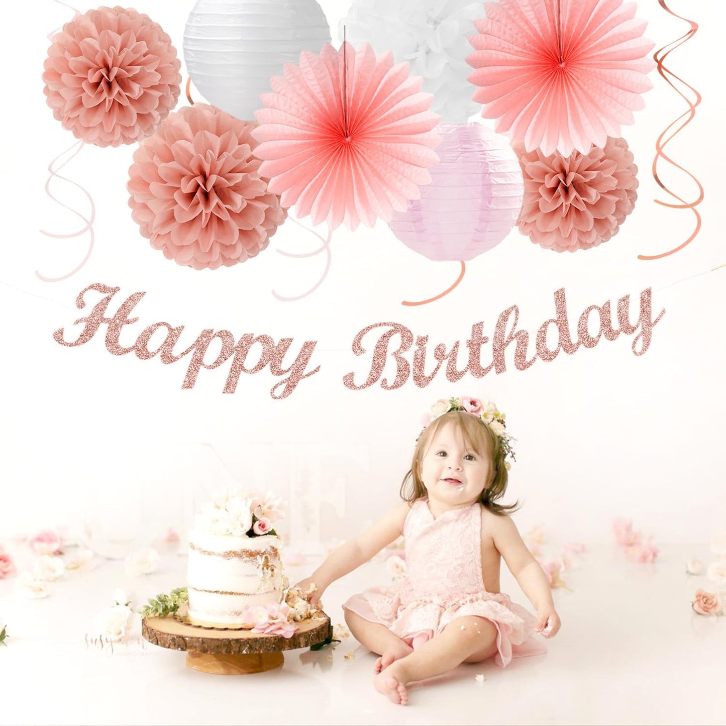 Rose Gold Pink & White Birthday Party Decorations 31Pcs – Banner, Pom Poms, Lanterns & Streamers Kit