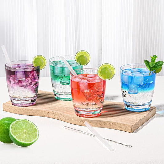 6 Pcs Plastic Drinking Tumblers of 14 oz, Acrylic Drinking Glasses with Straw&PP Brush, BPA-Free, Stackable Water Cups, Clear Cups for Juice, Wine (14 oz-6 pcs)