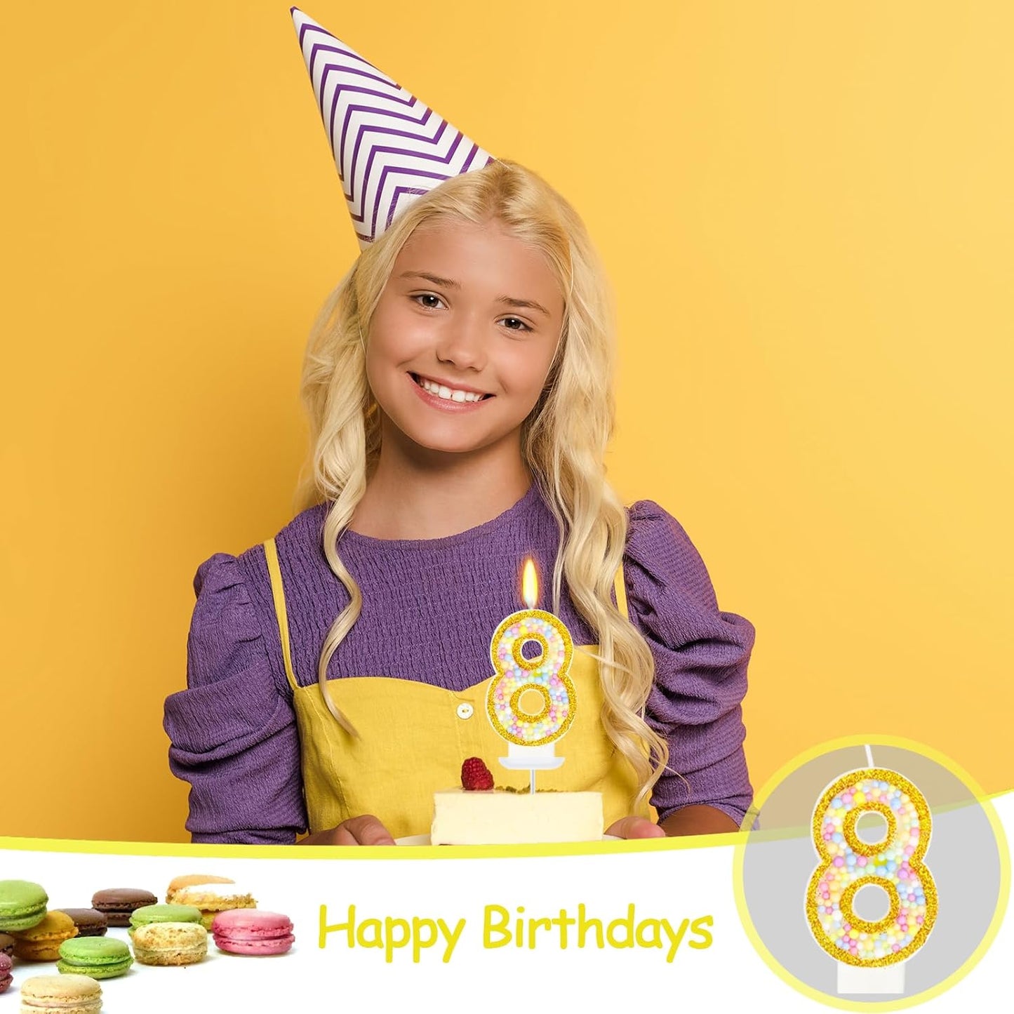 8th Birthday Candle for Cake, Colorful Macaron Numeral Candles for Girls/Boys, Birthday Party Cake Decorations, Golden Cake Topper for Birthday Party Supplies (Number 8)