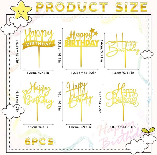 6 Pcs Gold Cake Topper - Happy Birthday Sign & Letters for Cake Decorations - Personalized Golden Cupcake Toppers & Cake Inserts