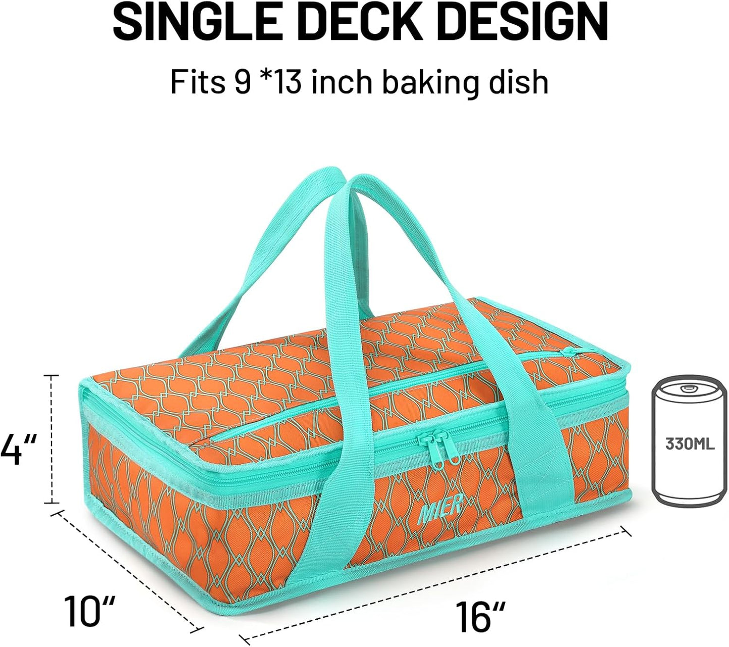 MIER Insulated Casserole Carrier for Hot or Cold Food Thermal Food Carrier Bag for Lasagna Potluck Parties Picnic Cookouts, Fits 9"x13" Baking Dish/Foil Pan, Orange