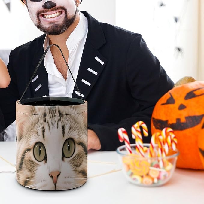 Halloween Candy Bucket - Floral Cat Trick Or Treat Candy Bag, Gift Bag for Party Favor Supplies
