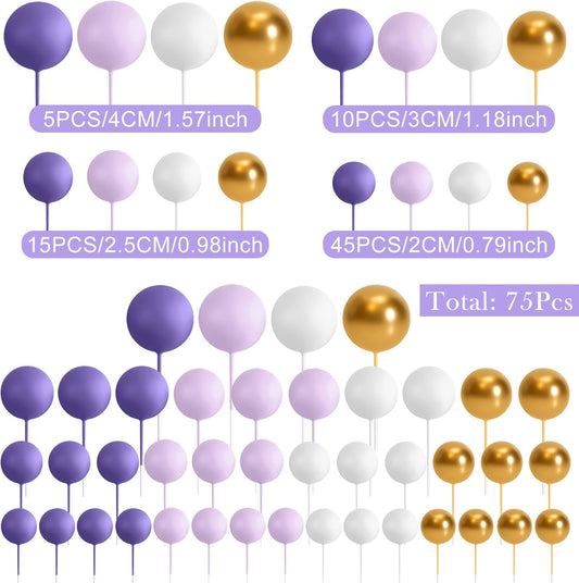 75 Pieces Cake Balls Topper Decorations Foam Cupcake Topper Mini Balloon Balls Cake Picks for Deco Birthday Party Wedding(Purple, Light Purple,Gold, White)
