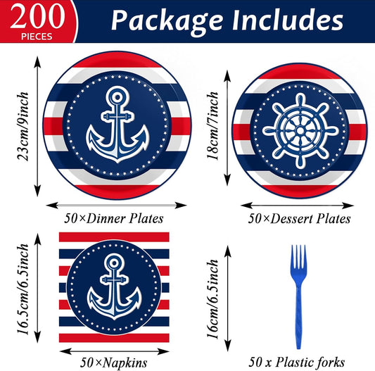 50 Guests Nautical Anchor Party Supplies Anchor Theme Plates Napkins Sailor Boat Ship Party Decorations Nautical Disposable Paper Tableware Set for Baby Shower Birthday Party Boys Girls Kids 200PCS