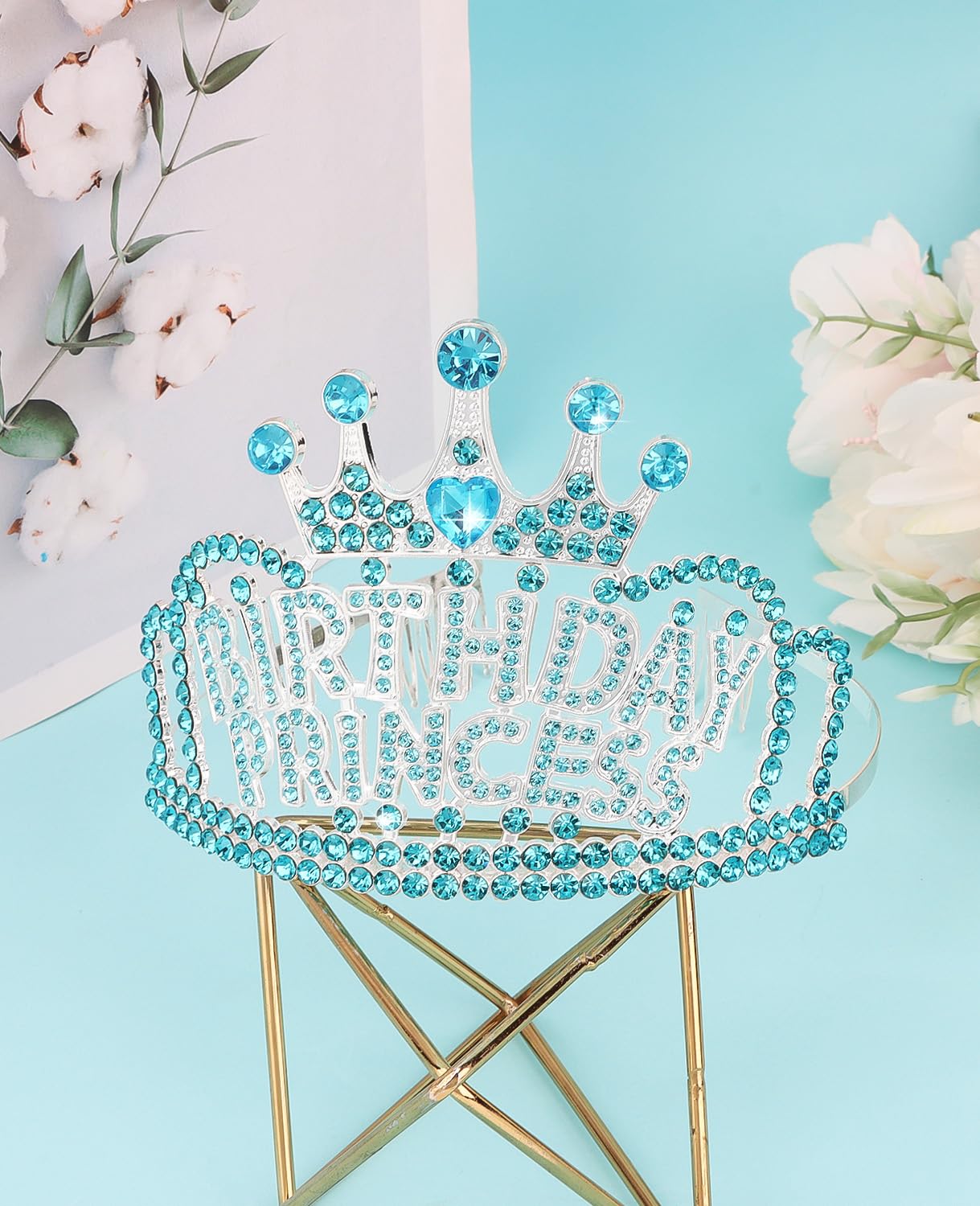 Wecoe Birthday Crown Blue Princess Rhinestone Tiara with Combs Happy Birthday Party Favors Pink Decorations 16th 18th 21st 25th Gifts for Her