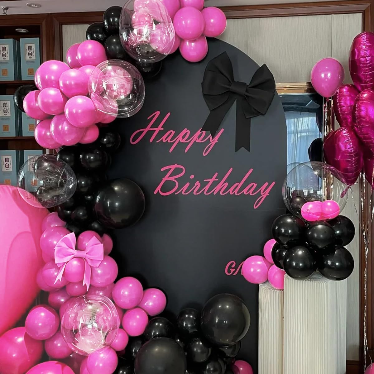 Black and Hot Pink Balloons Garland Arch Kit With Clear Bobo Balloons, 151Pcs Latex Balloons Different Sizes 18 12 10 5 inch for Valentine Day Birthday Holiday Party Decorations