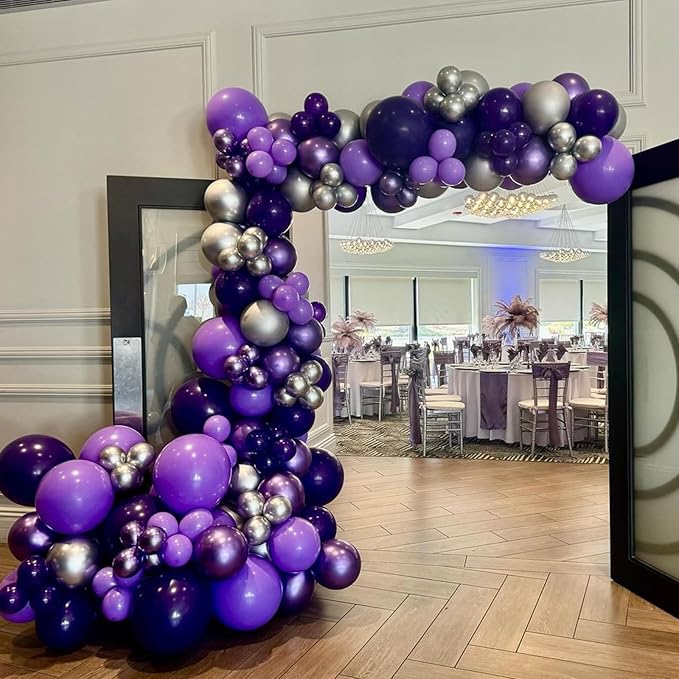 Purple Balloon Garland Arch Kit, 134PCS Purple and Silver Balloons with Different Size for Birthday, Wedding, Baby Shower Decorations