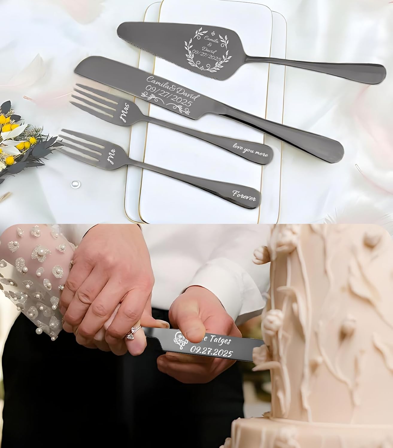 HJX Personalized Wedding Cake Knife and Server Set, Custom Names Cake Cutting Set, Customized Knife and Cake Server Set Gift for Bridal Anniversary Birthday Wedding Registry (Black)