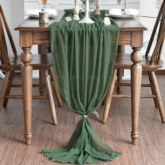 Artoid Mode Boho Forest Green 10Pcs Cheesecloth Gauze Table Runner, 120 Inch Seasonal Fabric Kitchen Dining Holiday Table Decor for Home Party Indoor