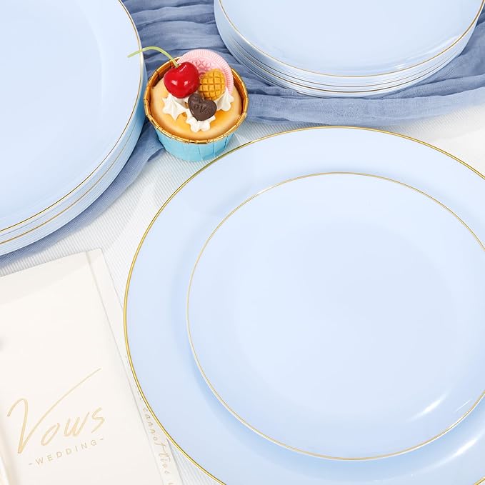 PULOTE 100PCS Blue Plastic Plates - Disposable Light Blue Include 50 Dinner & 50 Dessert/Salad Plates for Party, Wedding & Easter