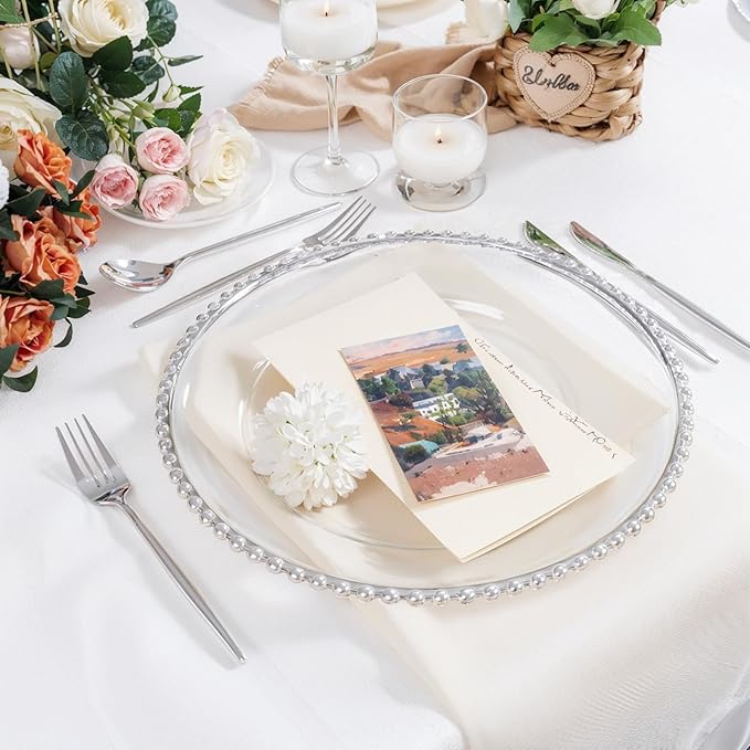 20pcs Clear and Silver Charger Plates 13inch Plastic Charger Plates Plastic Round Dinner Plate with Beaded Rim for Home Birthday Wedding Party Events Table Decor