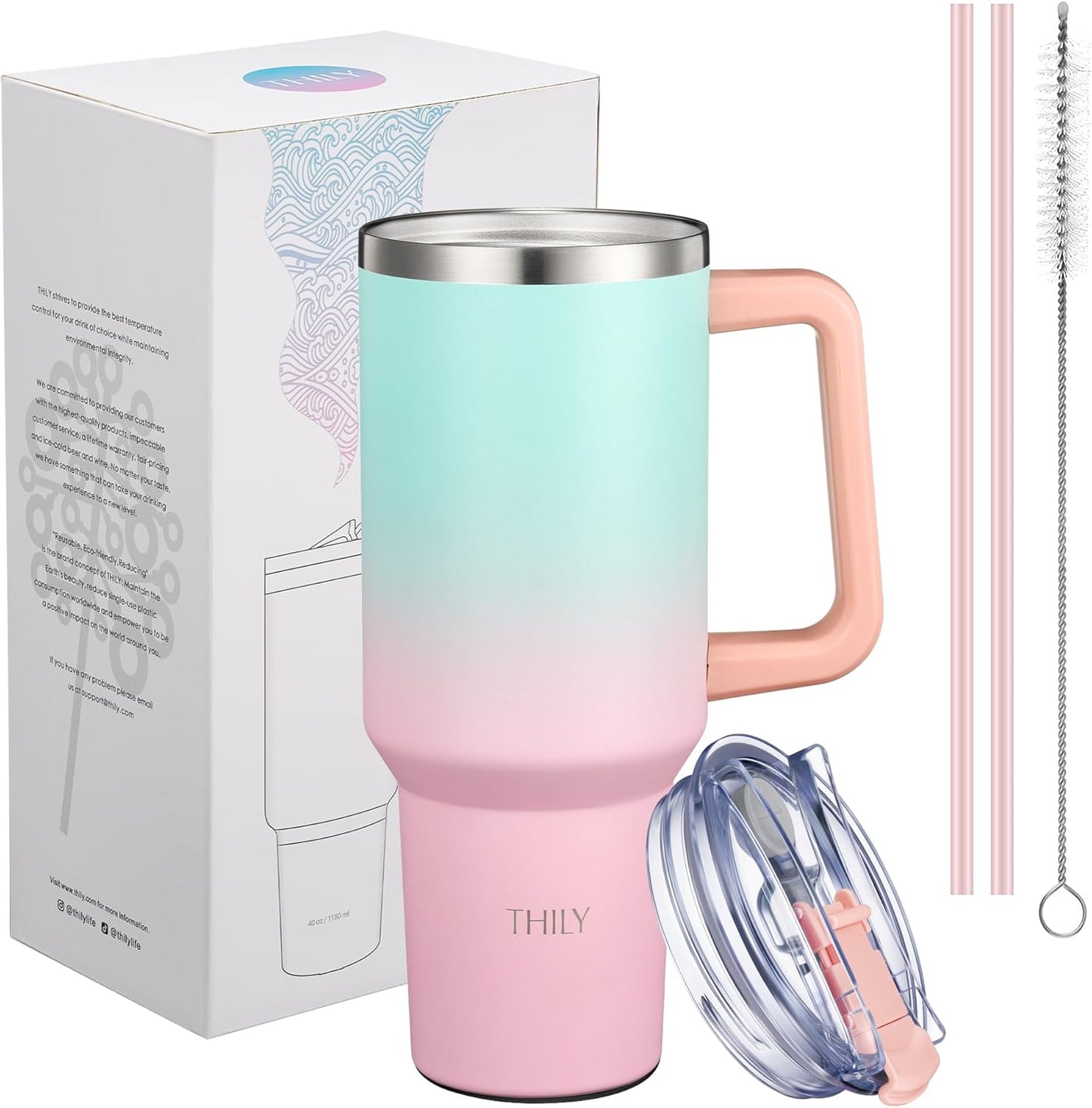 THILY 40 oz Stainless Steel Tumbler with Handle - Vacuum Insulated Travel Cup, Splash-Proof & Leakproof Lid, 2 Straws & Brush | Keeps Cold 34H/Hot 12H, Cupholder Friendly, Candy Pink