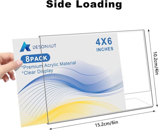 8 Pack Acrylic Slanted Back Sign Holder 4 x 6Inches,Clear Plastic Sign Holder Paper Photo Display,Menu Table Top Stand,Clear Acrylic Picture Frame,Flyer Holder(Horizontal)