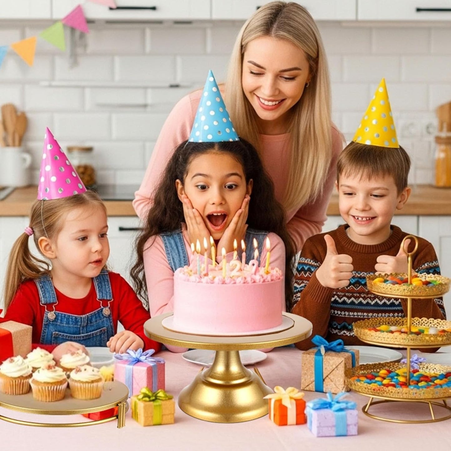 8 PCS Gold Cake Stand Set with Gold Pedestal Cake Stand and Cake Cutter Pie Spatula, Dessert Table Display Set for Wedding, Party, Birthday, Baby Shower, Event Bridal Celebration