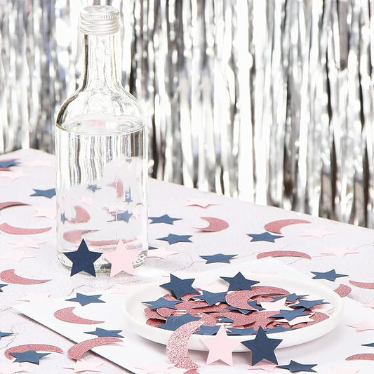 Navy-Blue Pink Rose-Gold Moon-Star Confetti - 300pcs Glitter Twinkle Little Star Table Confetti Eid Ramadan Mubarak Decoration Gender Reveal Birthday Wedding Baby Shower Party Decor Lasting Surprise
