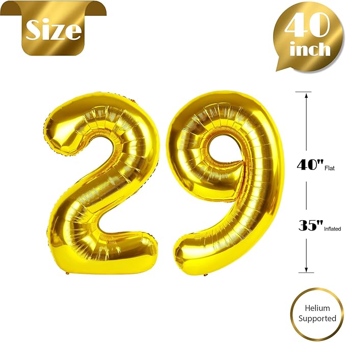 Gold Number 29 Balloon 40 inch, 29 Number Balloons, 29th Gold Birthday Decorations, 29 Year Old Women Men Golden Party Supplies