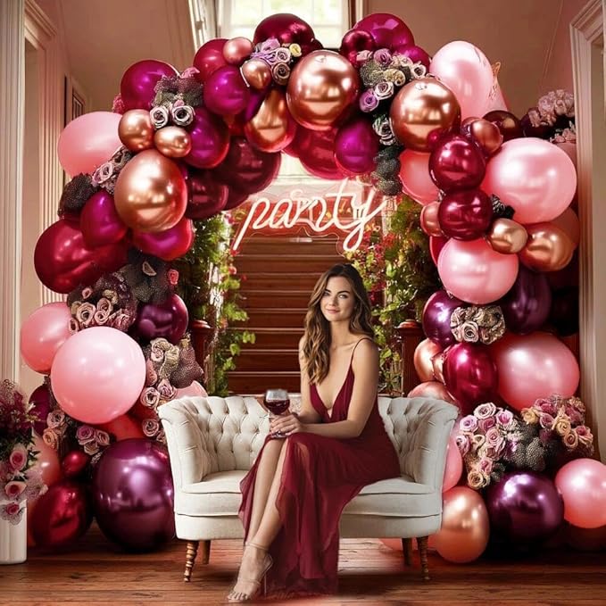 Burgundy Pink Balloon Arch Double Stuffed Dark Ruby Red Pink Plum Gold Balloon Garland Kit Maroon Balloons for Wedding Bridal Shower Birthday Mother's Day Graduation Engagement Anniversary Party Decor