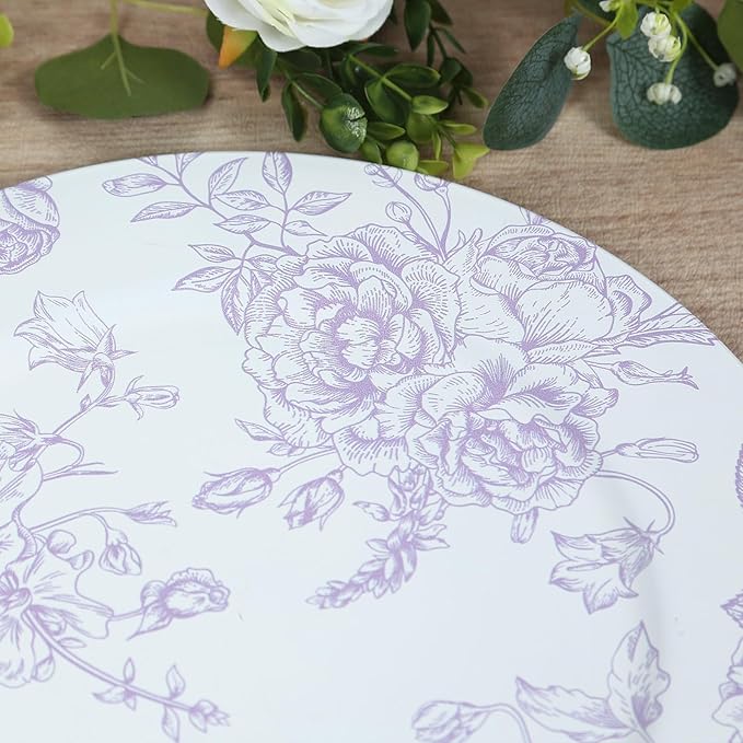 Efavormart 6 Pack Floral Acrylic Charger Plates in French Toile Pattern, Matte Lavender and White Round Dinner Charger Event Tabletop Decor - 13"