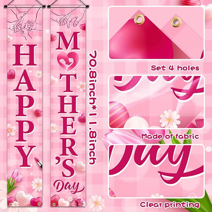 Happy Mother's Day Porch Banner Decorations,Mothers Day Porch Sign Pink Heart Flowers Mother's Day Indoor Outdoor Hanging Banner for Best Mom Ever,Mothers Day Birthday Party Decor