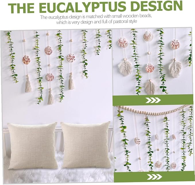 Generic Artificial Eucalyptus Wooden Bead Garland Hanging Vine Wall Decor with Pastoral Style Leaves and Sturdy Beads for Wedding Bedroom Home Decoration