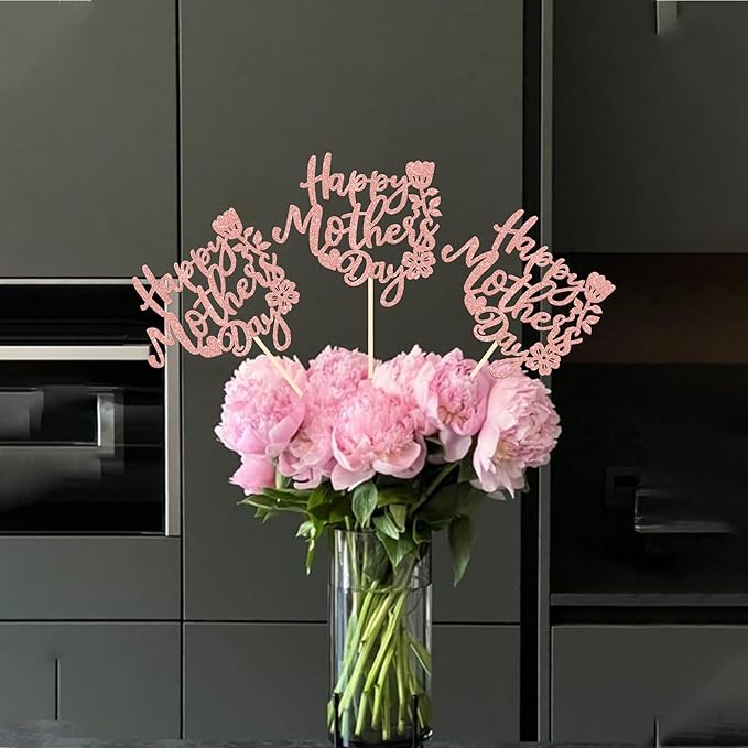 12 PCS Happy Mother's Day Centerpiece Sticks Double Sided Glitter Rose Love Best Mom Centerpieces for Happy Mother's Day Theme Table Flower Decorations Women Birthday Party Supplies Rose Gold