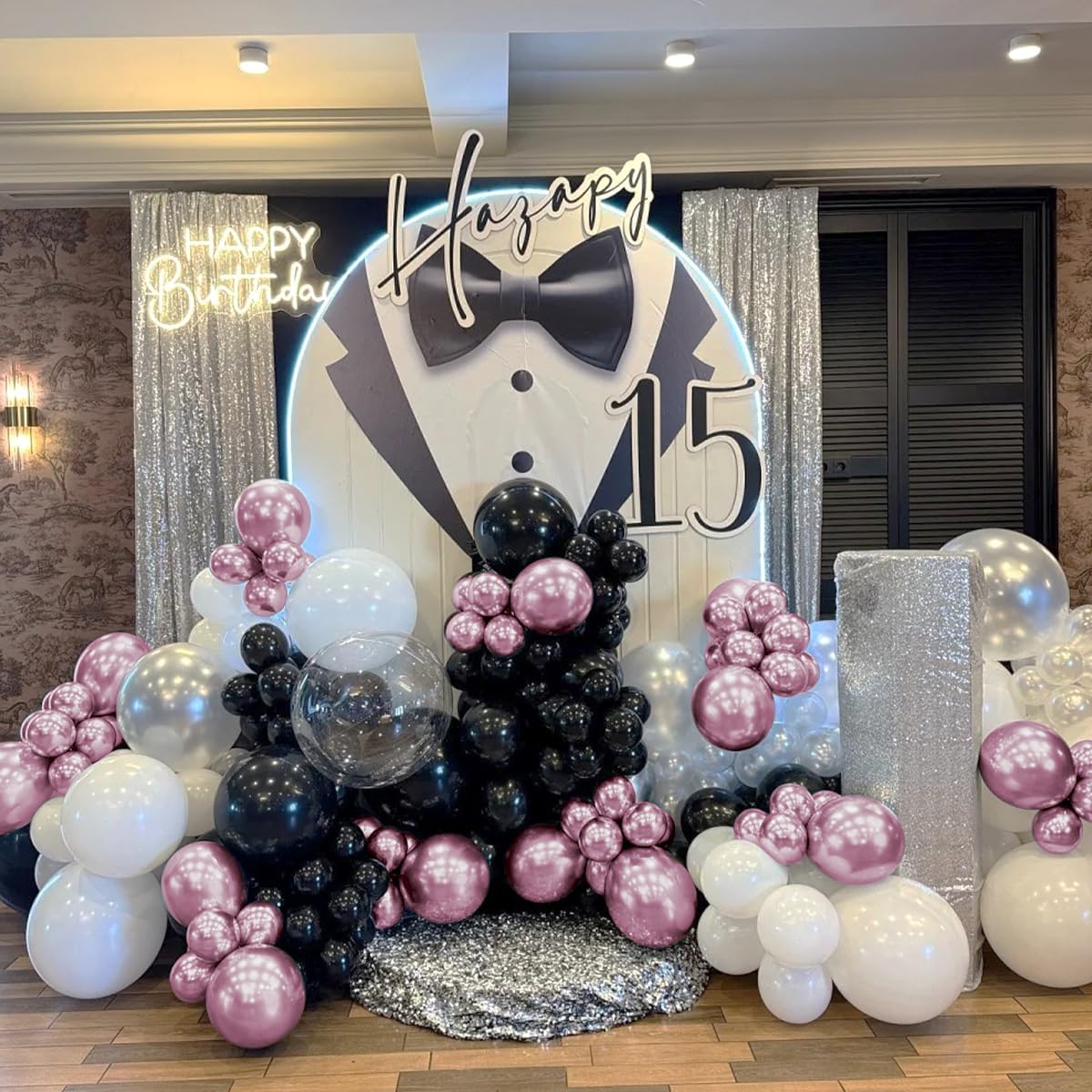 Metallic Pink Black Balloons Arch Kit, 151Pcs Black Chrome Pink and Bobo Balloons Garland 18 12 10 5 inch for Birthday Wedding Bachelorette Anniversary Halloween Christmas Party Decorations