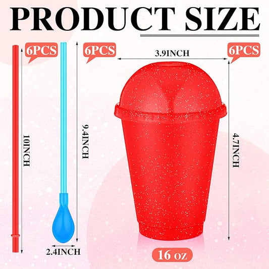 6 Set Slushie Cups with Dome Lids and Straws Detachable Spoon Straws Reusable Plastic Iced Coffee Cups Smoothie Tumbler for Birthdays Summer Party Supplies(Red,16 oz)