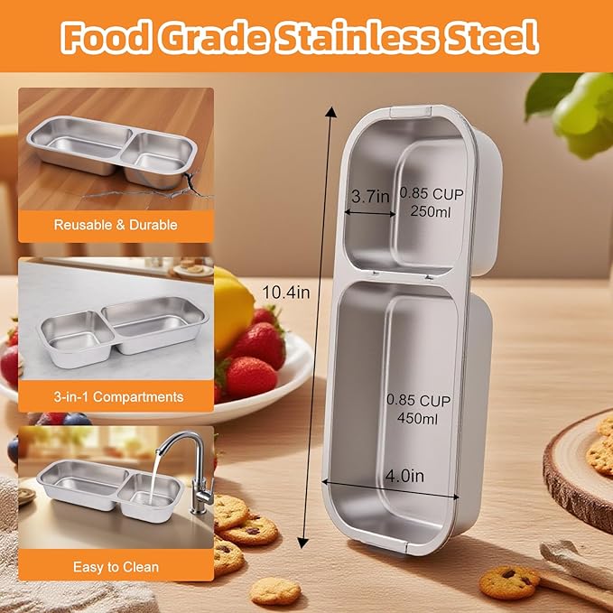 Stainless Steel Snack Containers with Lids, Reusable Condiment Storage Box, Divided Food Storage for School, Home, Travel, Multiple Compartment Leak-Proof Box (2 Compartment)
