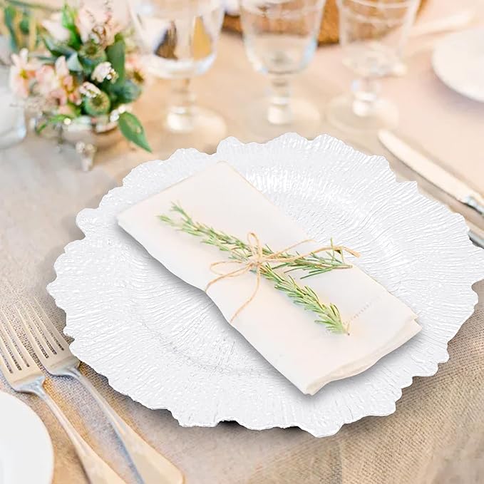 50 Pcs White Charger Plates Bulk 13 Inch Plastic Charger Plates for Dinner Plate, White Chargers for Table Setting, Reef Design Plate Floral Decorative Round Chargers for Wedding Party, Event