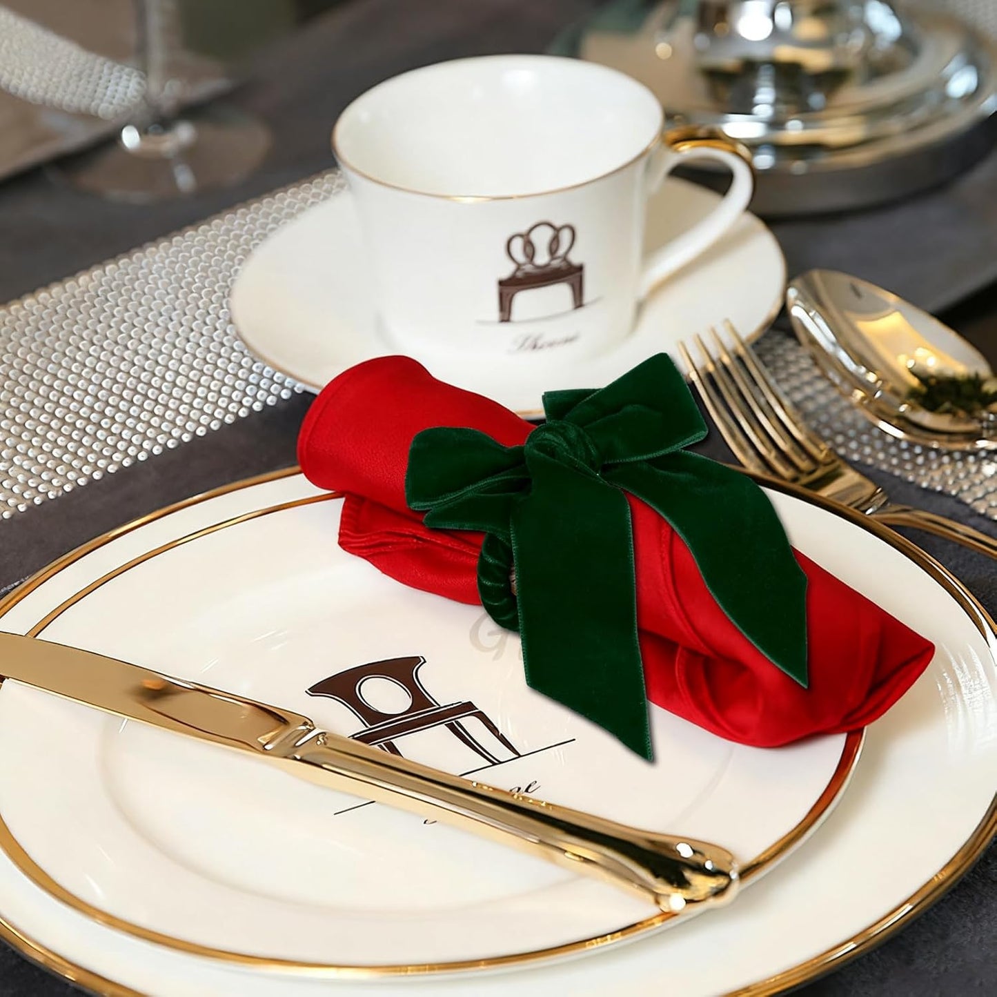 Velvet Bow Napkin Rings, Set of 4 Christmas Bowknot Napkin Holder Ring Dining Table Decor for Xmas Dinner Parties Wedding Holiday Home Table Setting(Green Bow)