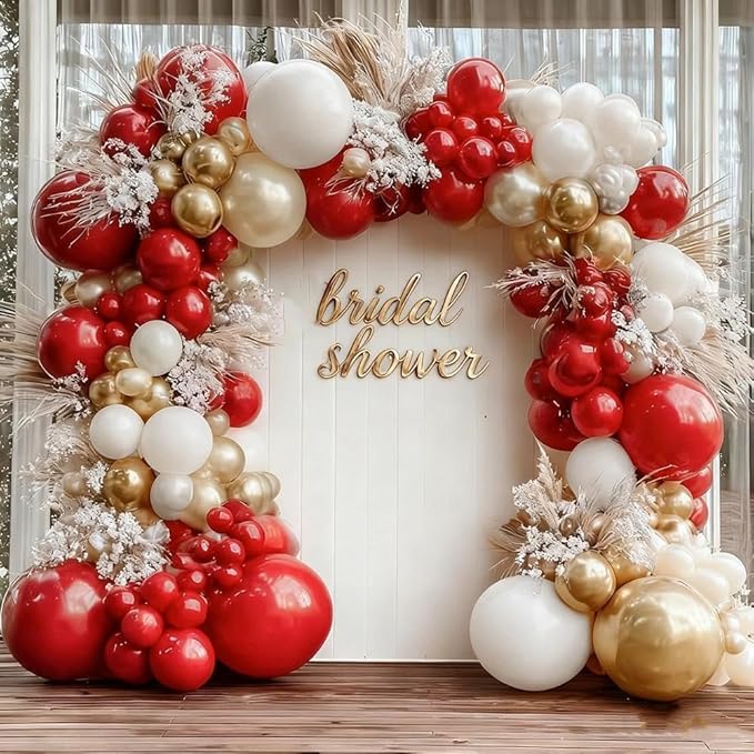 Red White Gold Balloon Garland Double Stuffed Burgundy Red White Sand Pearl Balloon Arch Kit Maroon Wine Balloons for Mother's Day Birthday Bridal Shower Wedding Graduation Party Decorations
