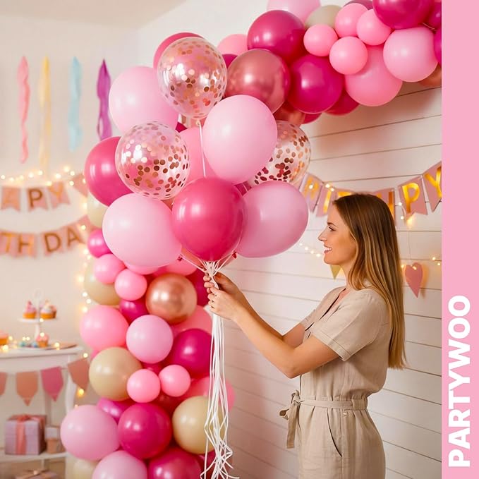 PartyWoo Pink Balloons 65pcs 12 Inch Pearl Metallic Mauve Magenta Fuchsia Hot Pink Confetti Latex Balloons for Gender Reveal Bridal Shower Baby Shower Princess Theme Birthday Party Decorations