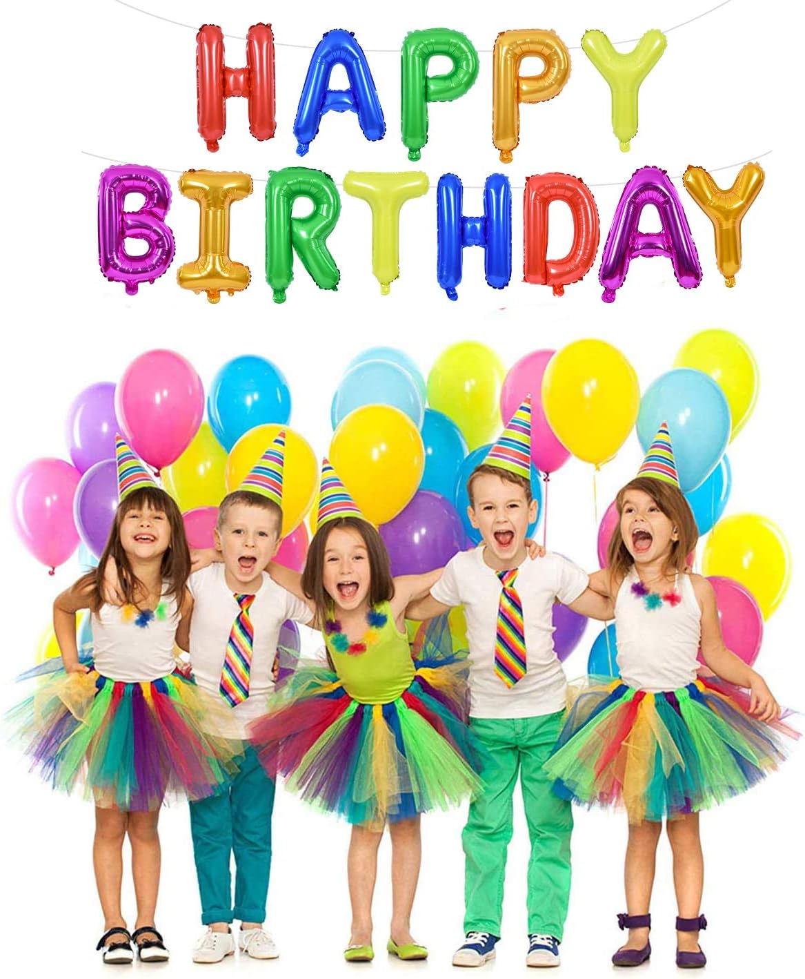 TONIFUL 7 Color Rainbow Happy Birthday Balloons Banner, 16 Inches Colorful Mylar Foil Letter Sign Balloons Banner Bunting for Girls Boys Kids & Adults Birthday Decorations