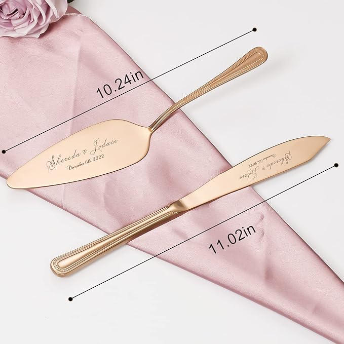 Cake Cutting Set for Wedding, Personalized Wedding Cake Knife and Server Set, Vintage Engraved 2-Piece Pie Pizza Cutter Serving Set, Custom Bridal Anniversary Birthday Quinceañera Gift(Rose Gold)