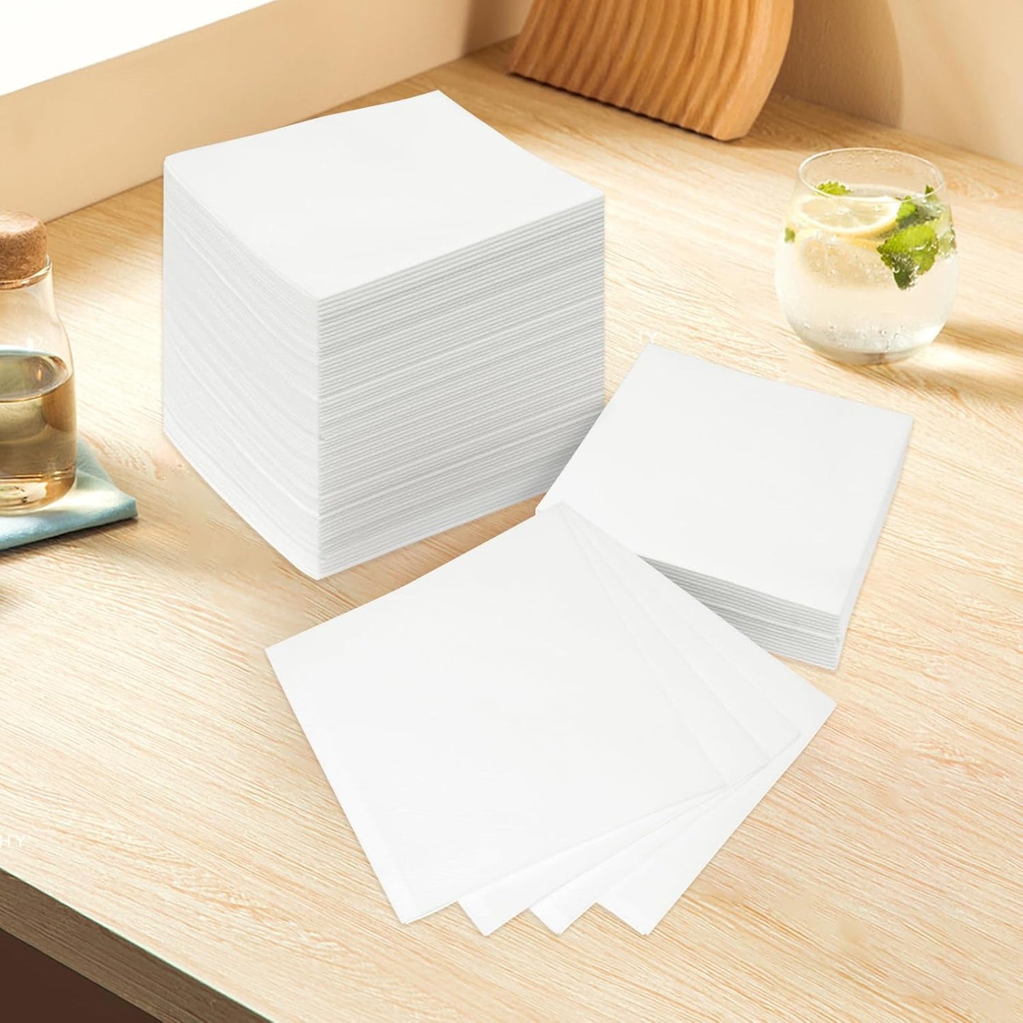 White Linen-Feel Beverage Napkins - 200PCS Disposable Cocktail Napkins, Soft & Absorbent, 1/4 Fold, 5" x 5" White Napkins Cloth for Bar, Café, Party, Wedding Or Event