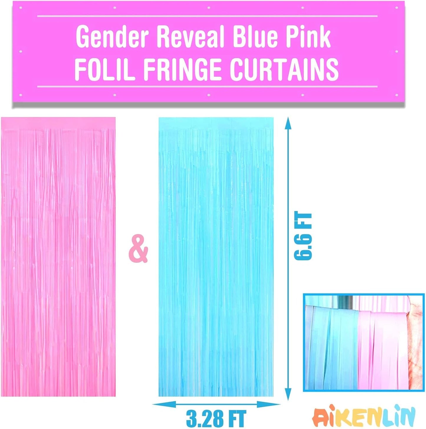 4 Pack 3.2Ft x 6.6Ft Macaron Pink Blue Foil Fringe Curtain Backdrop, Metallic Tinsel Foil Fringe Streamers Curtains for Photo Booth, Gender Reveal Backdrop Boy or Girl Birthday Party Decoration New