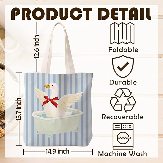 Coquette Red Bow Goose Tote Bag for Women,Funny Wash Goose Canvas Tote Bag,Gifts for Goose Lovers,Blue Striped Aesthetic Reusable Shopping Grocery Bags Party Favors