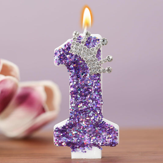 Birthday Number Candles,Purple Crown Birthday Candles for Cake,Glitter Number 1 Candle Cake Topper with Sequins for Anniversary Celebrations Supplies (Number 1)