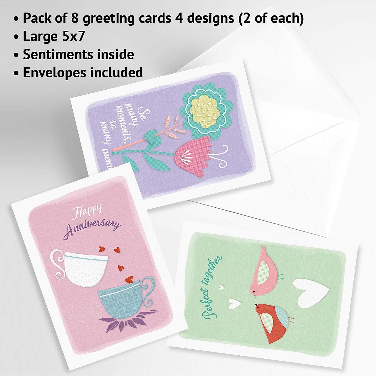 Every Happiness Anniversary Greeting Cards - Set of 8 (4 designs), Large 5" x 7" Wedding Anniversary Cards with Sentiments Inside, White Envelopes