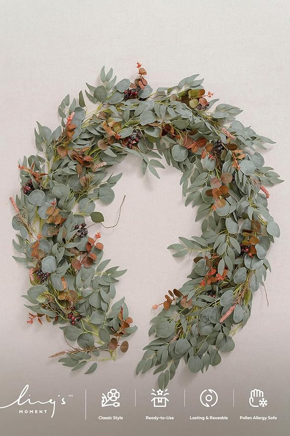 Ling's Moment Eucalyptus Flower Greenery Garland with Willow Leaves 2pcs, 5.9ft Hanging Italian Ruscus Vines Rustic Wreath Swags for Table Centerpieces Wedding Arch Decor, Terracotta Flowers