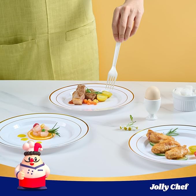 JOLLY CHEF 100 Pieces Gold Plastic Plates, 10 Inch Elegant Disposable Dinner White with Gold Rim, Disposable Plastic Plates for Christmas, Birthdays and Weddings