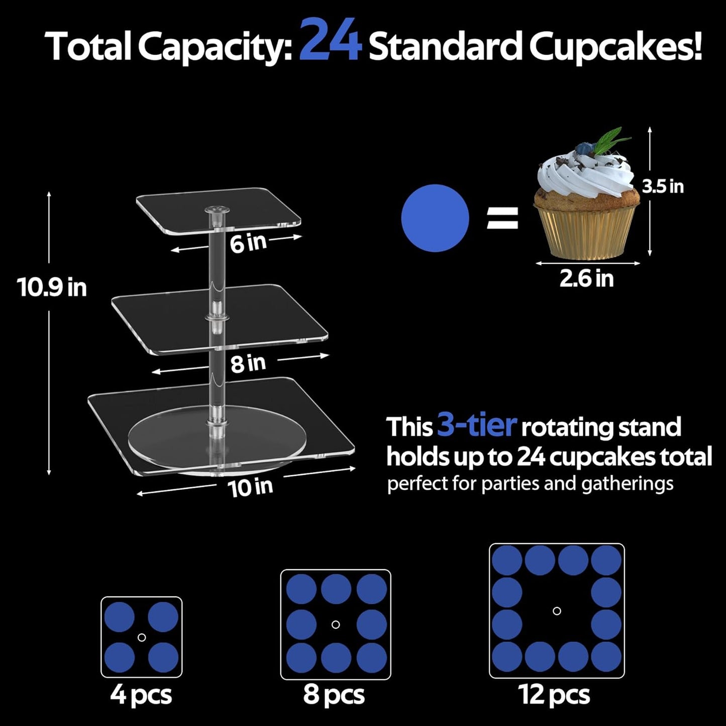 3-Tier Rotating Cupcake Stand, Clear Acrylic 360° Spinning Dessert Display Tower for Cakes & Pastries, Serving Stand for Weddings, Birthdays, Parties - Square