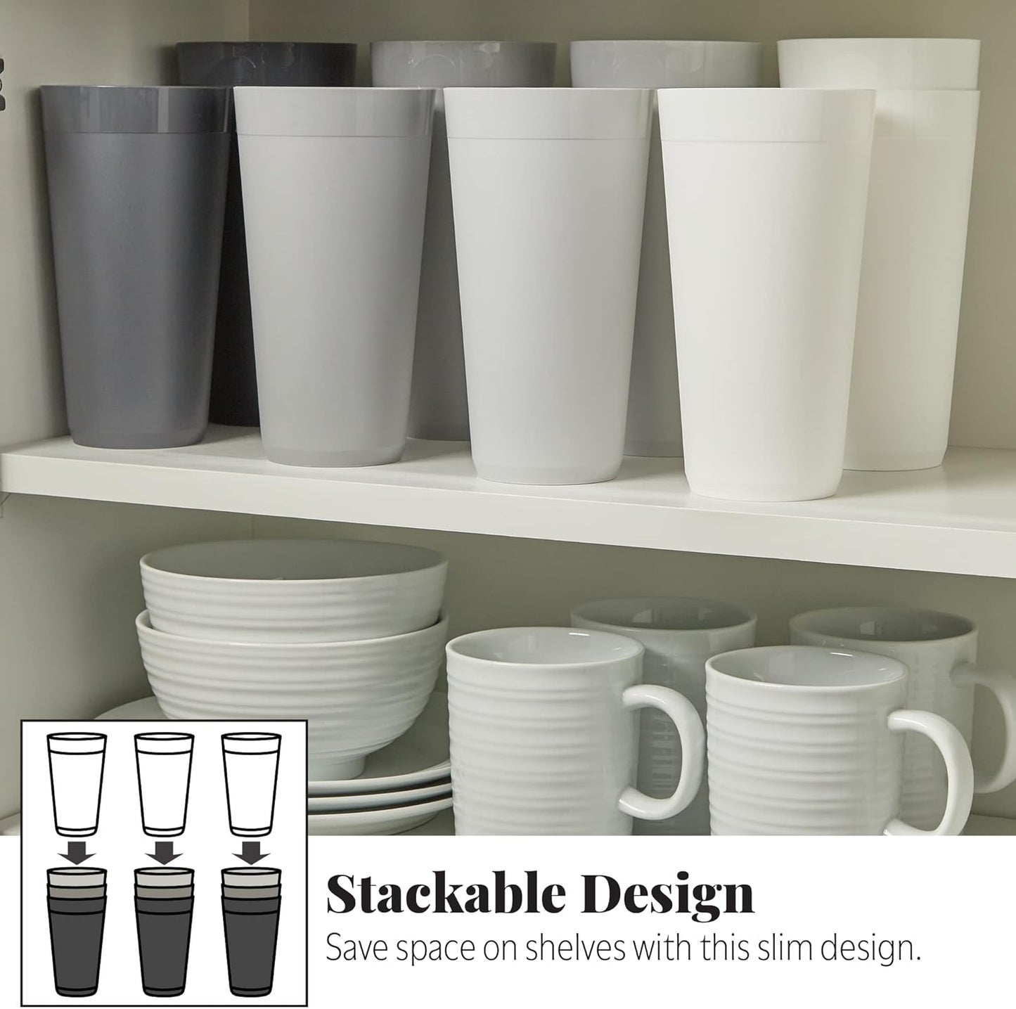 US Acrylic Newport 32 ounce Unbreakable Plastic Stackable Iced-Tea Tumblers in Grey Stone | Set of 12 Drinking Cups | Reusable, BPA-free, Made in the USA, Top-rack Dishwasher and Microwave Safe