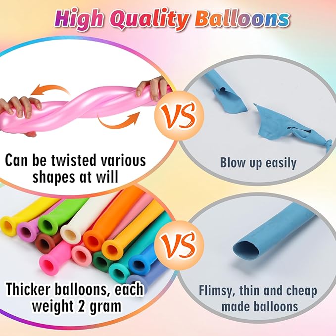 100 Pcs 260Q Balloons Kit with Pump - Kids Premium Latex Twisting Long Balloons to Make Animals Flowers, Fun Rainbow Balloons for Party Boys Girls Christmas Birthday Gifts Clowns Wedding Decor