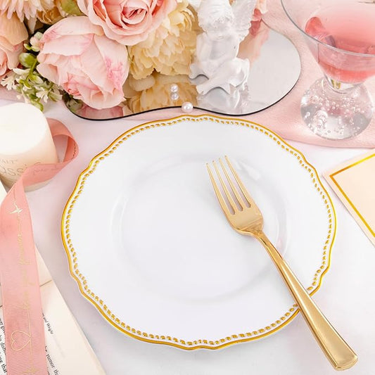 Hioasis 60pcs Gold Plastic Plates - White and Gold Disposable Dinnerware with Gold Rim, Heavy-duty, 7 inch, Dessert Plates for Party & Thanksgiving