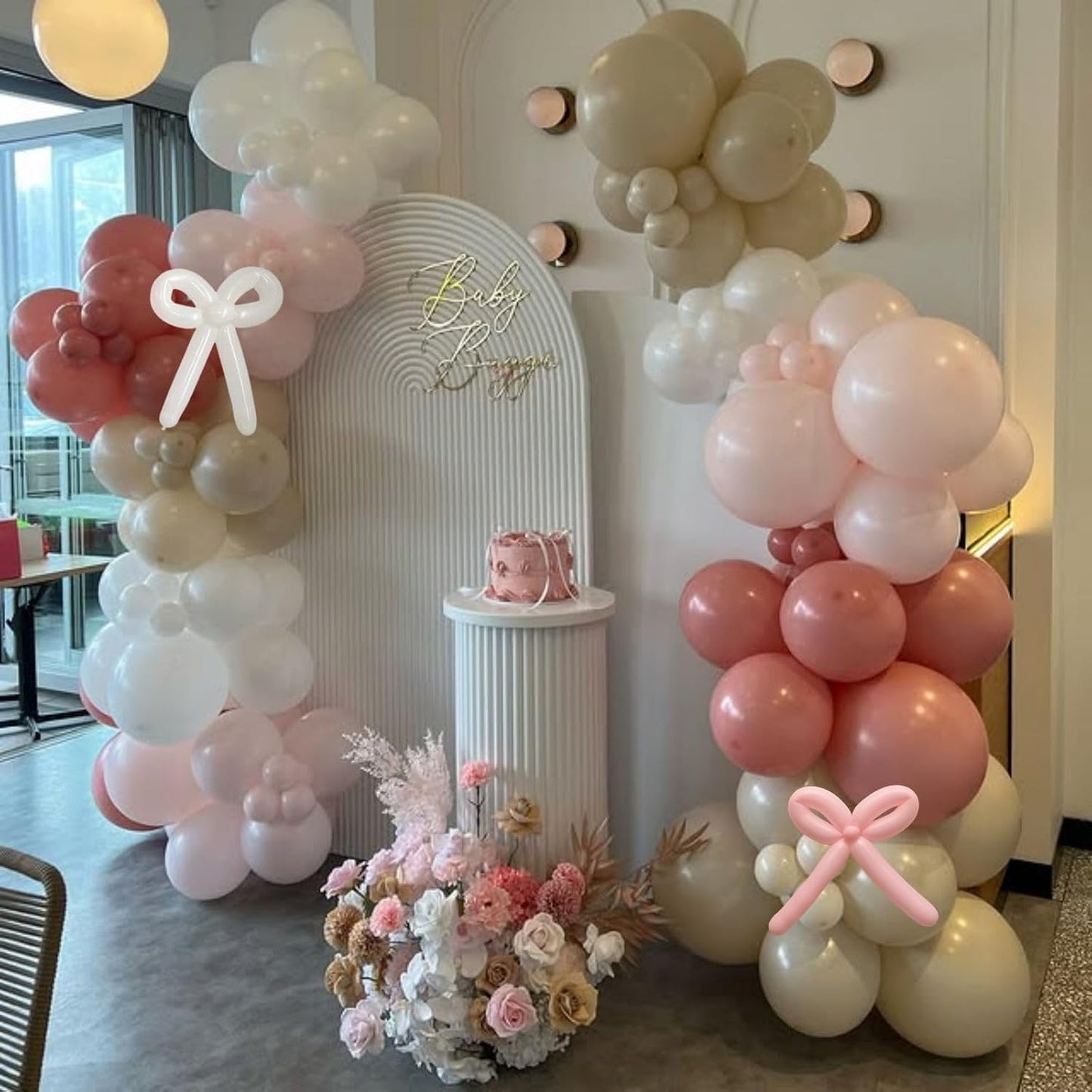 Pink and White Balloons Arch, Dusty Pink Bow Balloons Garland, Blush Beige Cream Latex Balloon, White Long Balloon as Bow Decor for Neutral Boho Birthday Party Baby Shower Bridal Wedding
